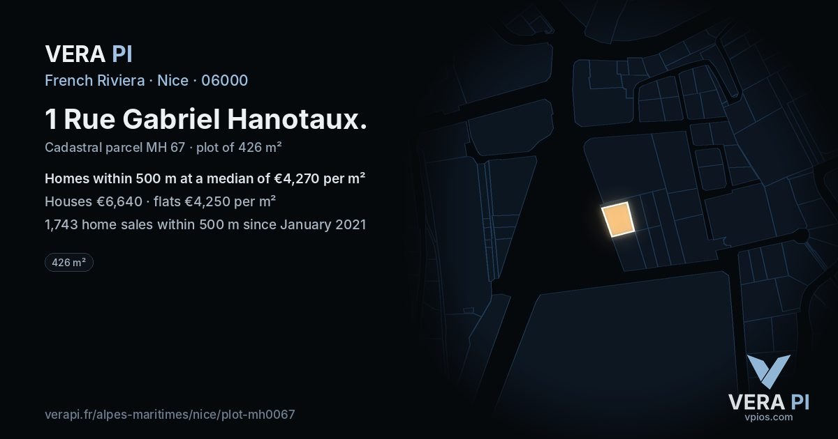 1 Rue Gabriel Hanotaux, Nice at night – the plot lit, the parcels around coloured by the prices near them