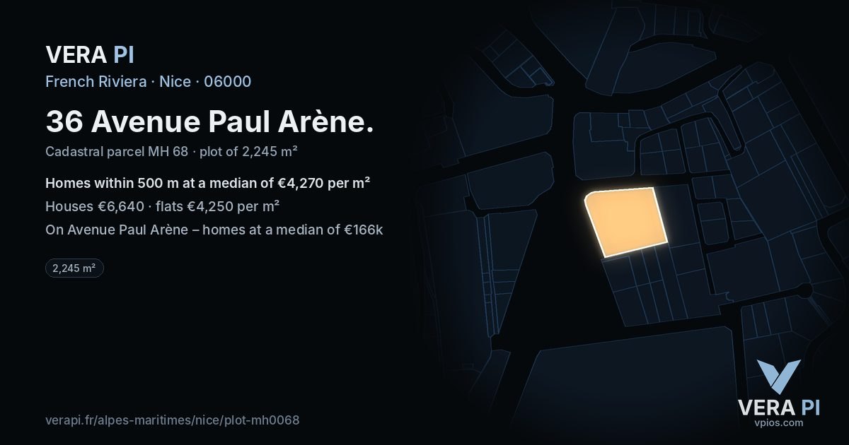 36 Avenue Paul Arène, Nice at night – the plot lit, the parcels around coloured by the prices near them