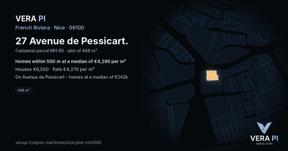 27 Avenue de Pessicart, Nice at night – the plot lit, the parcels around coloured by the prices near them