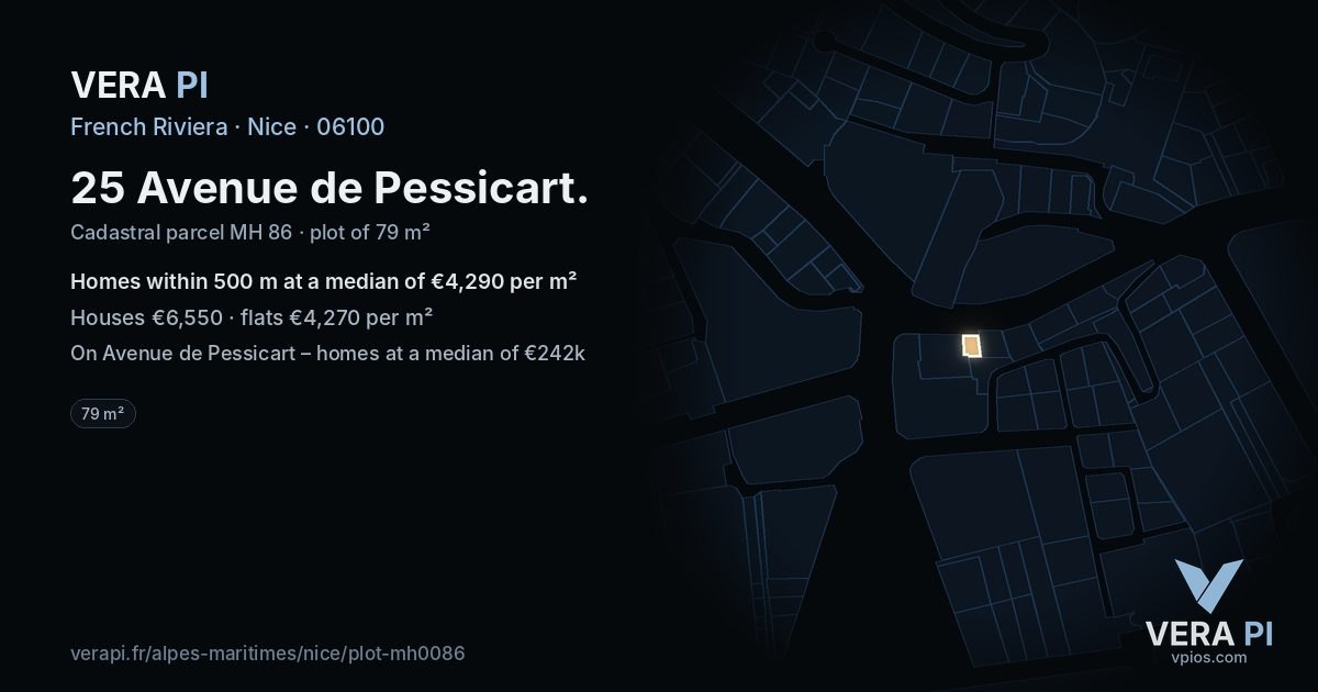 25 Avenue de Pessicart, Nice at night – the plot lit, the parcels around coloured by the prices near them