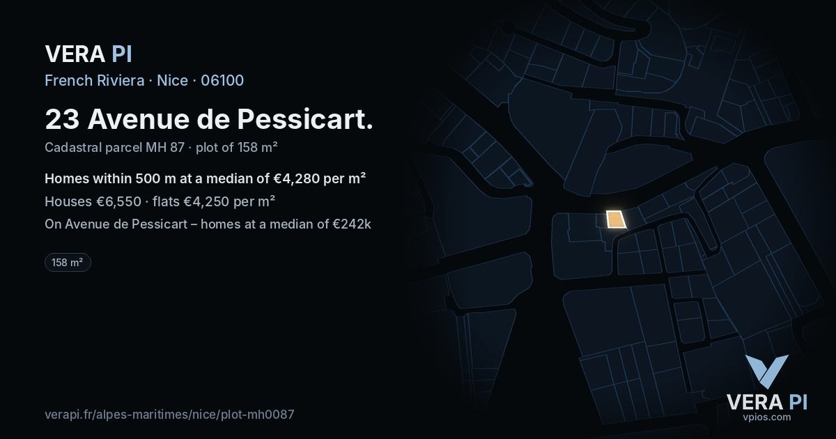 23 Avenue de Pessicart, Nice at night – the plot lit, the parcels around coloured by the prices near them