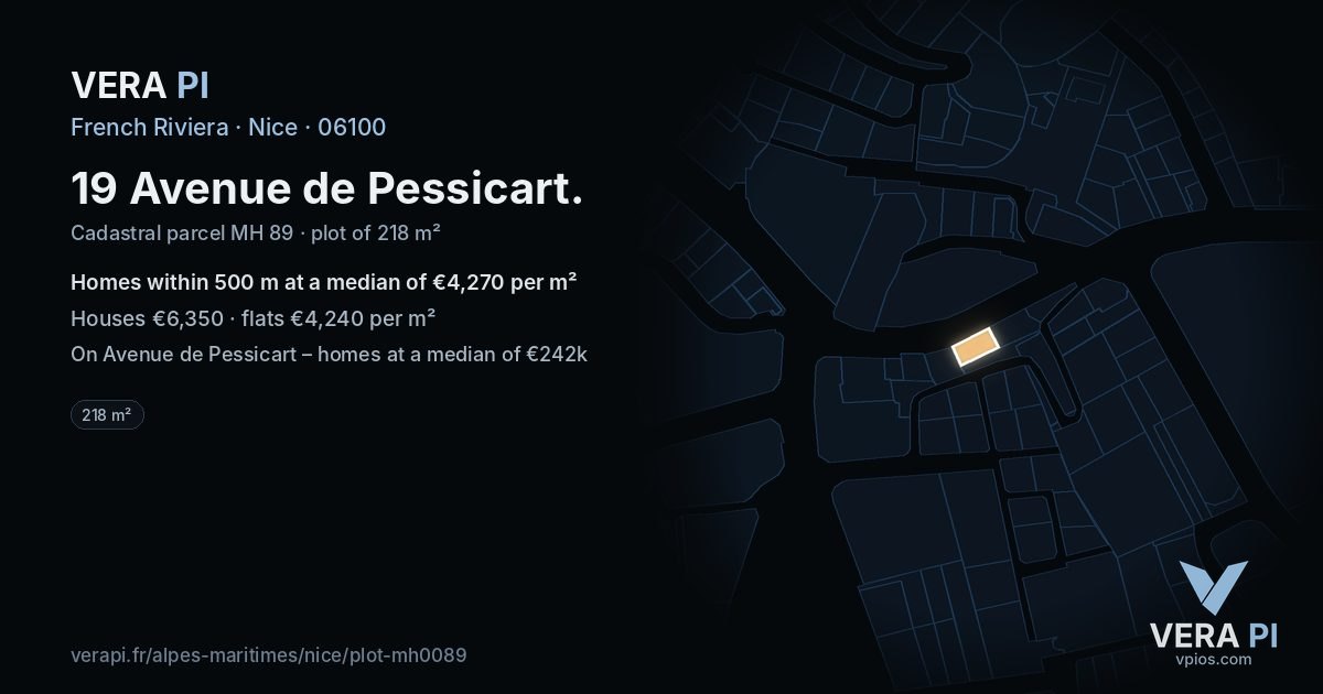 19 Avenue de Pessicart, Nice at night – the plot lit, the parcels around coloured by the prices near them
