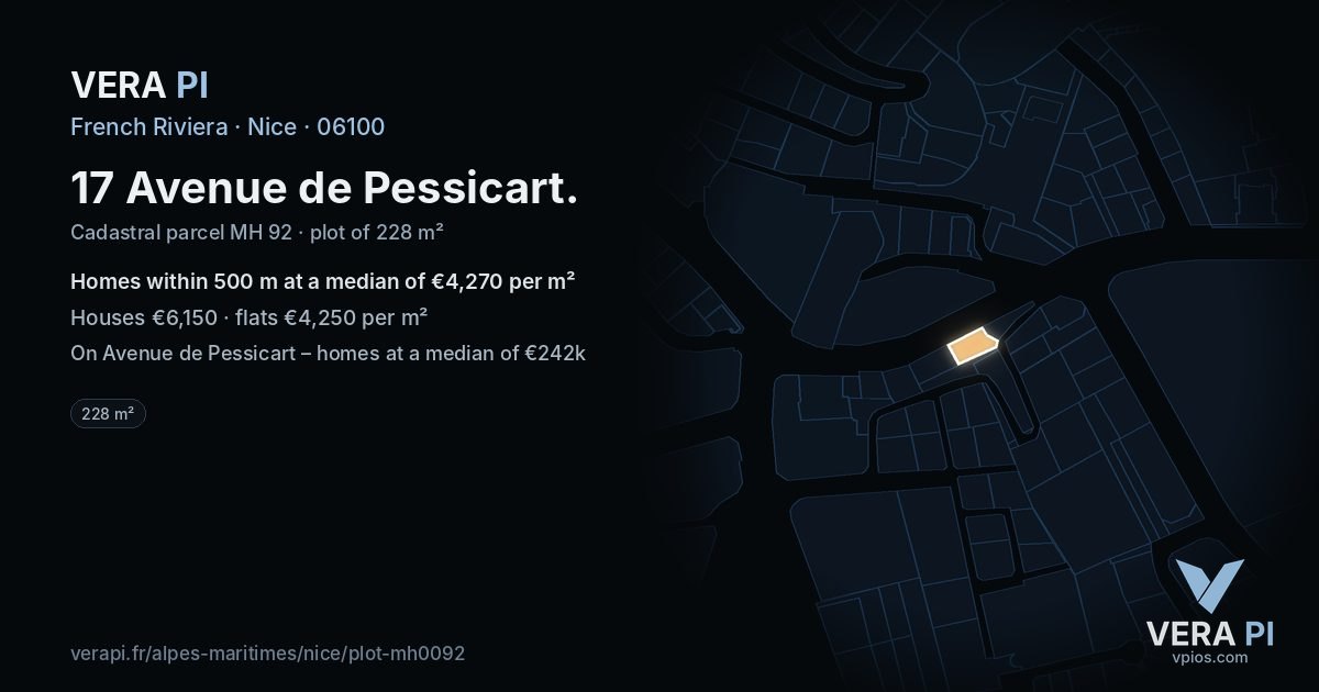 17 Avenue de Pessicart, Nice at night – the plot lit, the parcels around coloured by the prices near them
