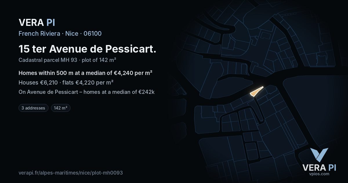 15 ter Avenue de Pessicart, Nice at night – the plot lit, the parcels around coloured by the prices near them