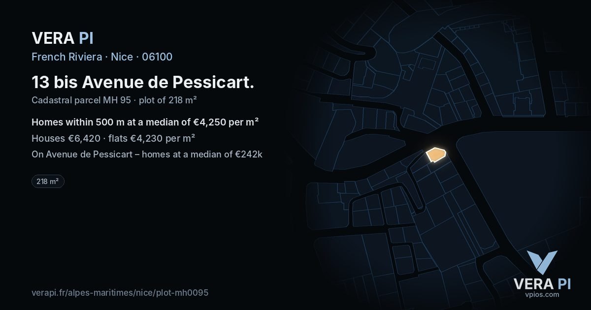 13 bis Avenue de Pessicart, Nice at night – the plot lit, the parcels around coloured by the prices near them
