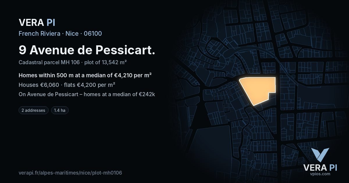9 Avenue de Pessicart, Nice at night – the plot lit, the parcels around coloured by the prices near them