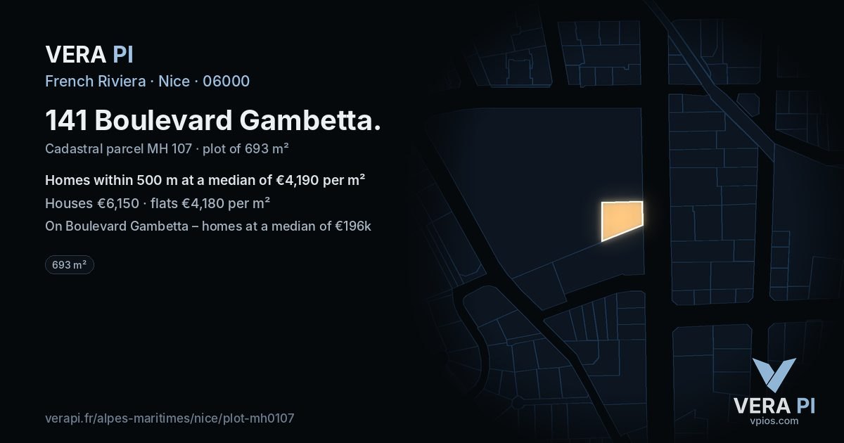 141 Boulevard Gambetta, Nice at night – the plot lit, the parcels around coloured by the prices near them