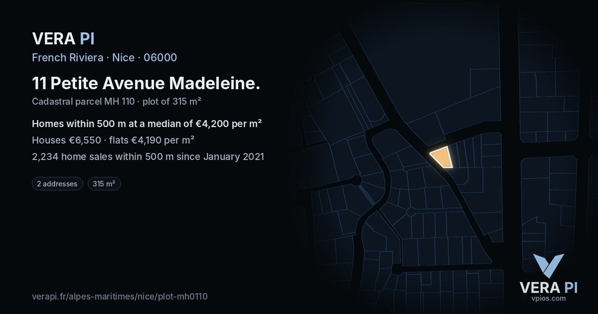 11 Petite Avenue Madeleine, Nice at night – the plot lit, the parcels around coloured by the prices near them