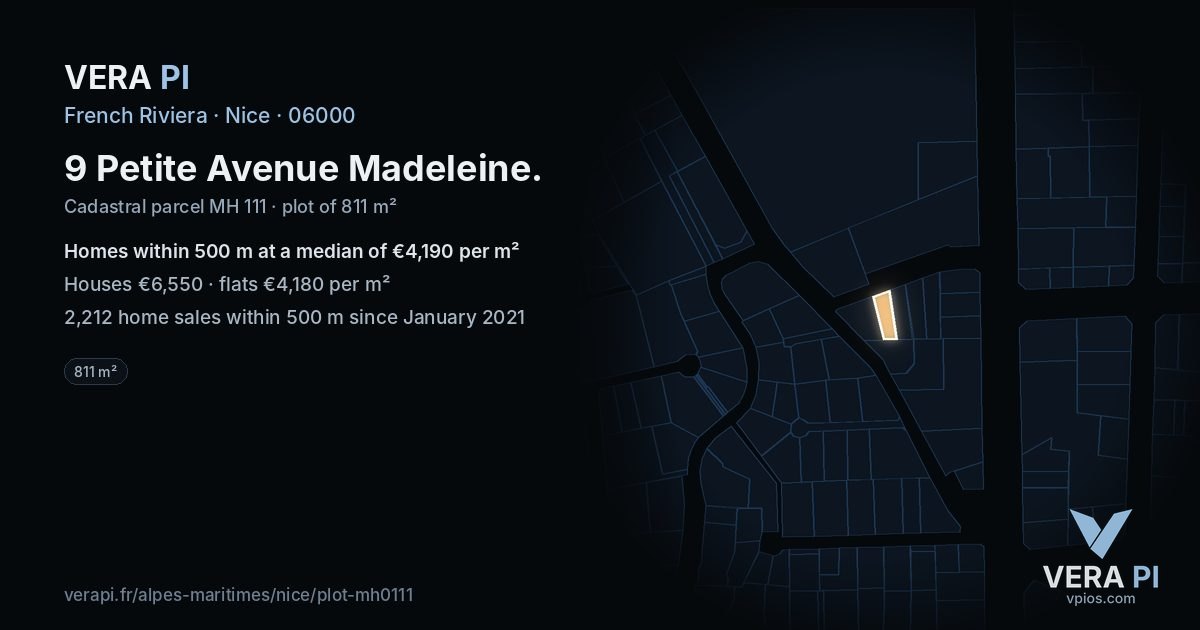 9 Petite Avenue Madeleine, Nice at night – the plot lit, the parcels around coloured by the prices near them