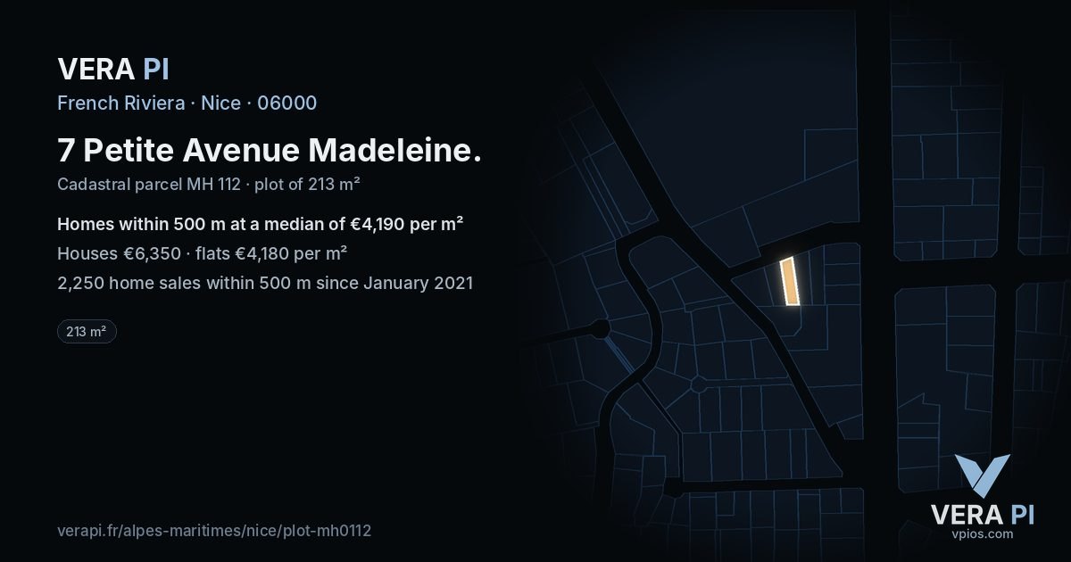 7 Petite Avenue Madeleine, Nice at night – the plot lit, the parcels around coloured by the prices near them