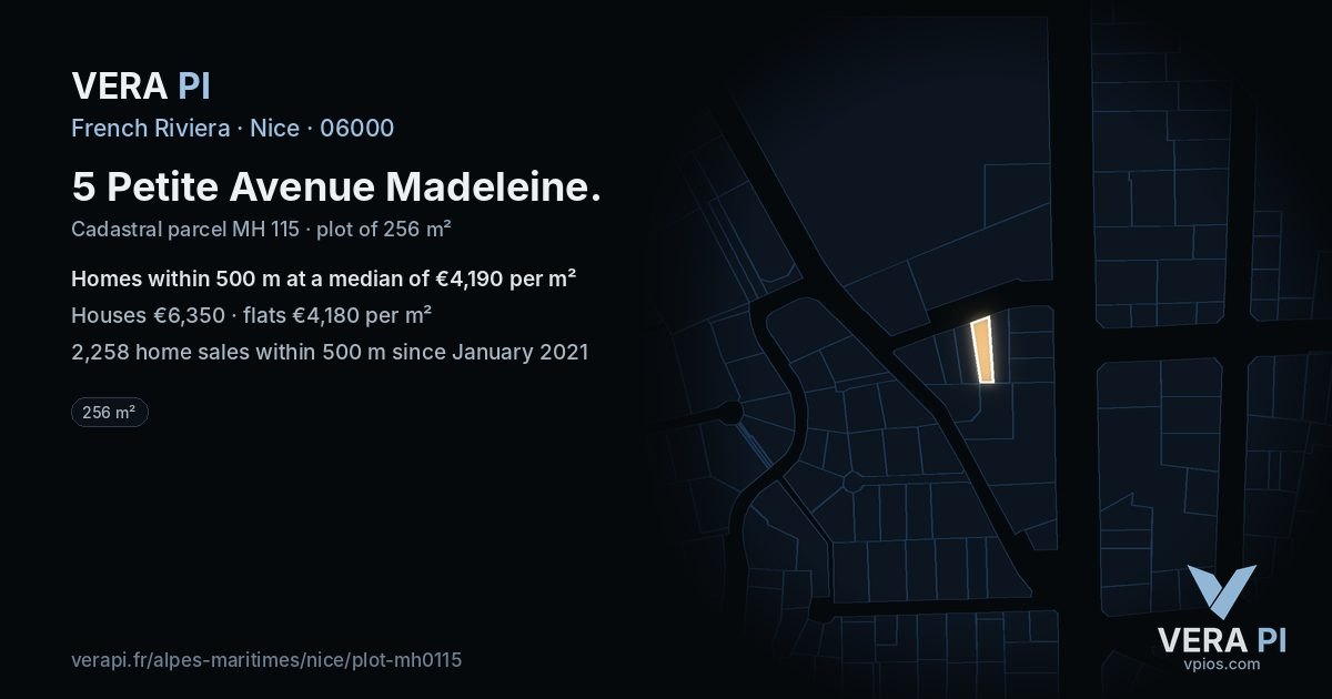5 Petite Avenue Madeleine, Nice at night – the plot lit, the parcels around coloured by the prices near them