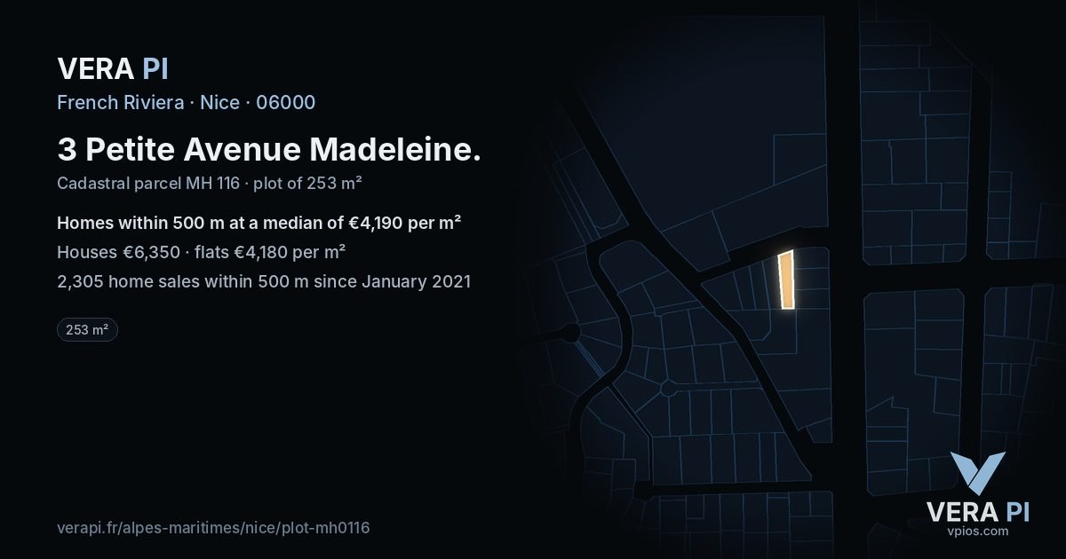 3 Petite Avenue Madeleine, Nice at night – the plot lit, the parcels around coloured by the prices near them
