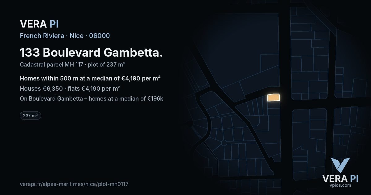 133 Boulevard Gambetta, Nice at night – the plot lit, the parcels around coloured by the prices near them