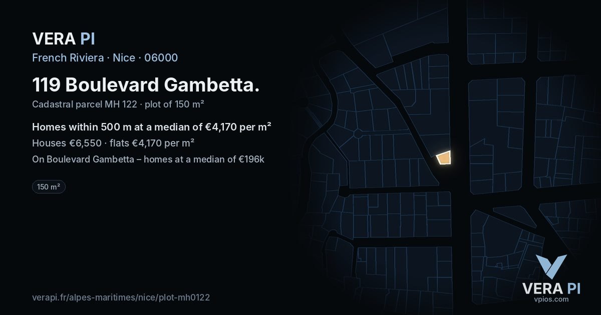 119 Boulevard Gambetta, Nice at night – the plot lit, the parcels around coloured by the prices near them