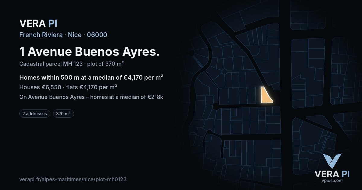 1 Avenue Buenos Ayres, Nice at night – the plot lit, the parcels around coloured by the prices near them