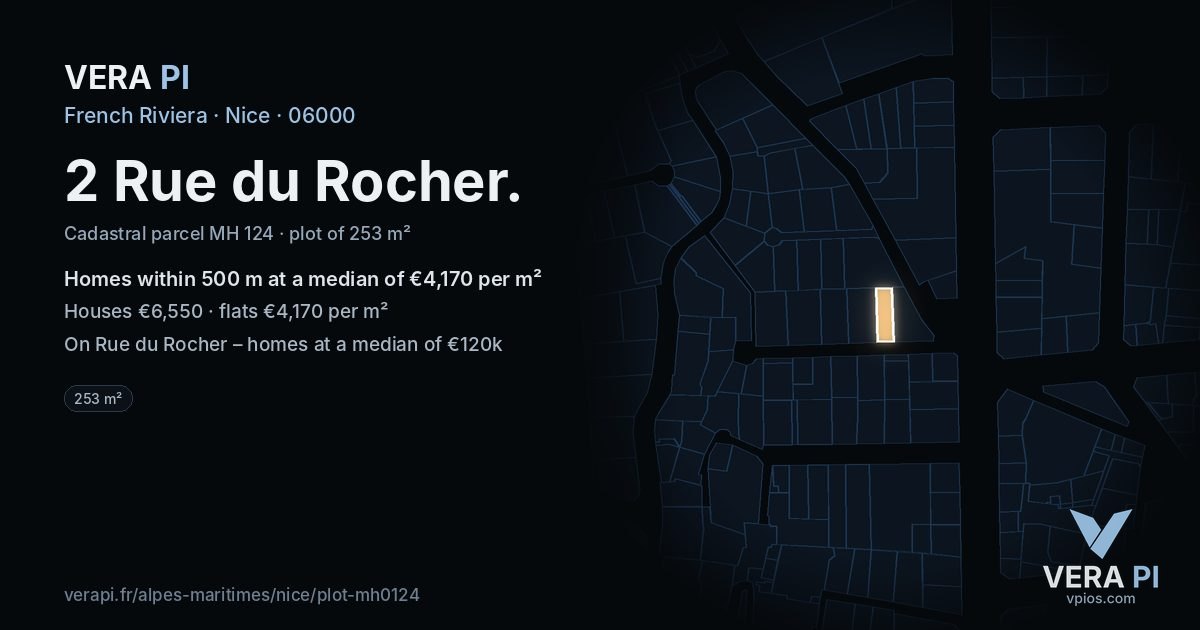 2 Rue du Rocher, Nice at night – the plot lit, the parcels around coloured by the prices near them
