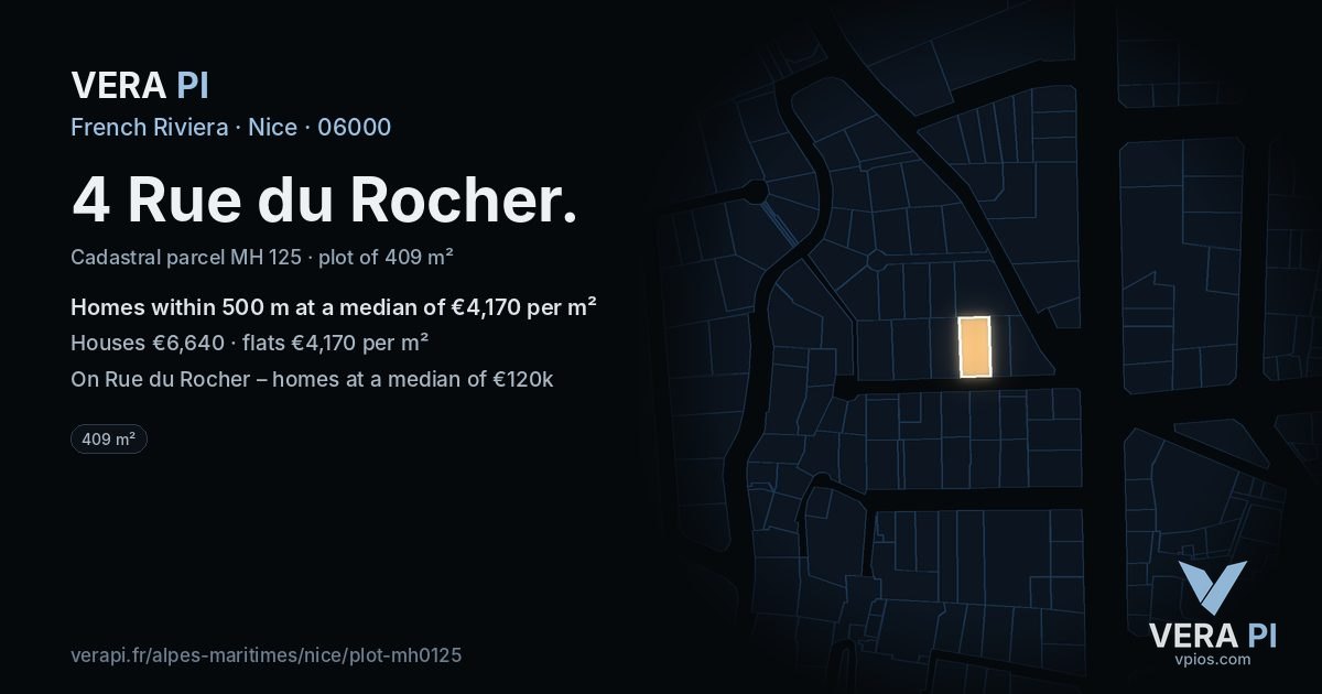 4 Rue du Rocher, Nice at night – the plot lit, the parcels around coloured by the prices near them