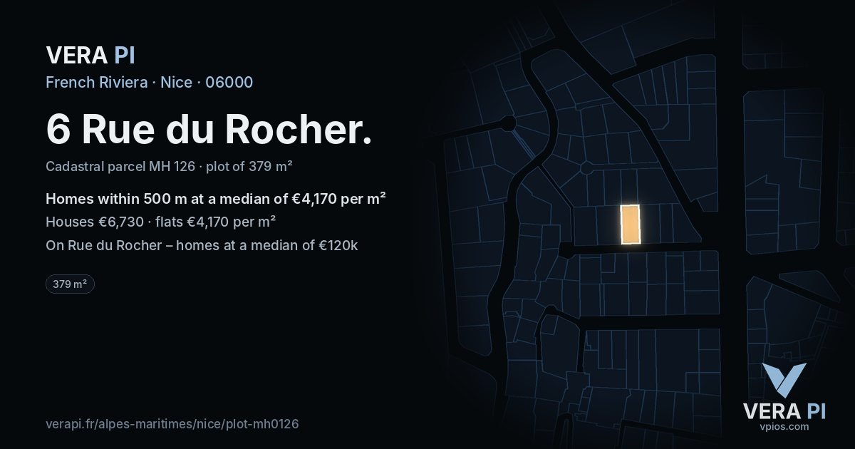 6 Rue du Rocher, Nice at night – the plot lit, the parcels around coloured by the prices near them