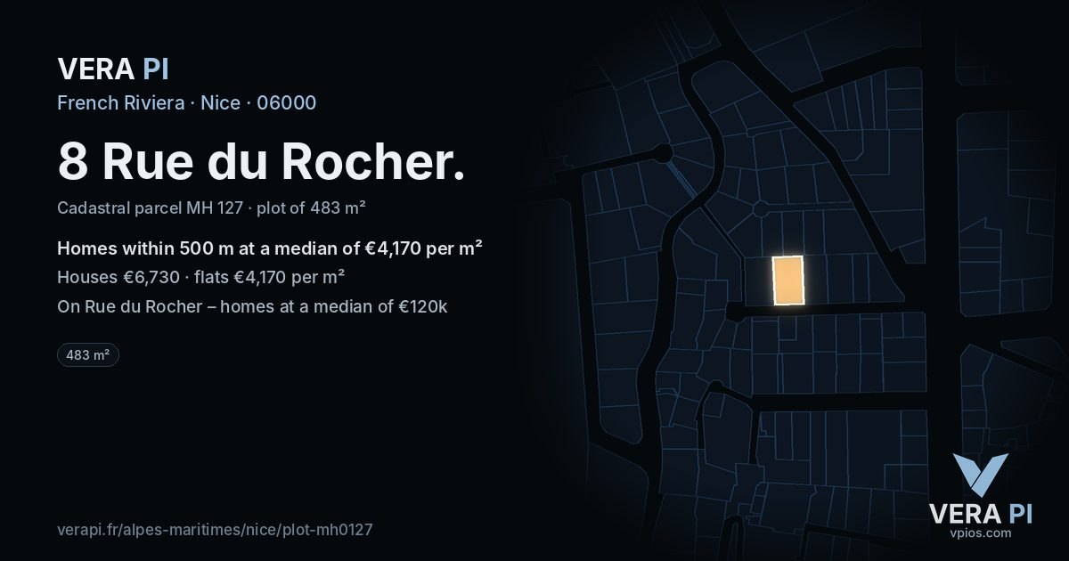 8 Rue du Rocher, Nice at night – the plot lit, the parcels around coloured by the prices near them