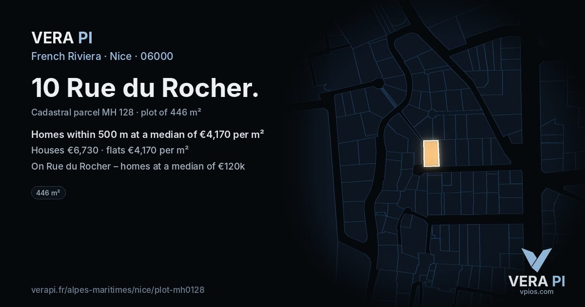 10 Rue du Rocher, Nice at night – the plot lit, the parcels around coloured by the prices near them