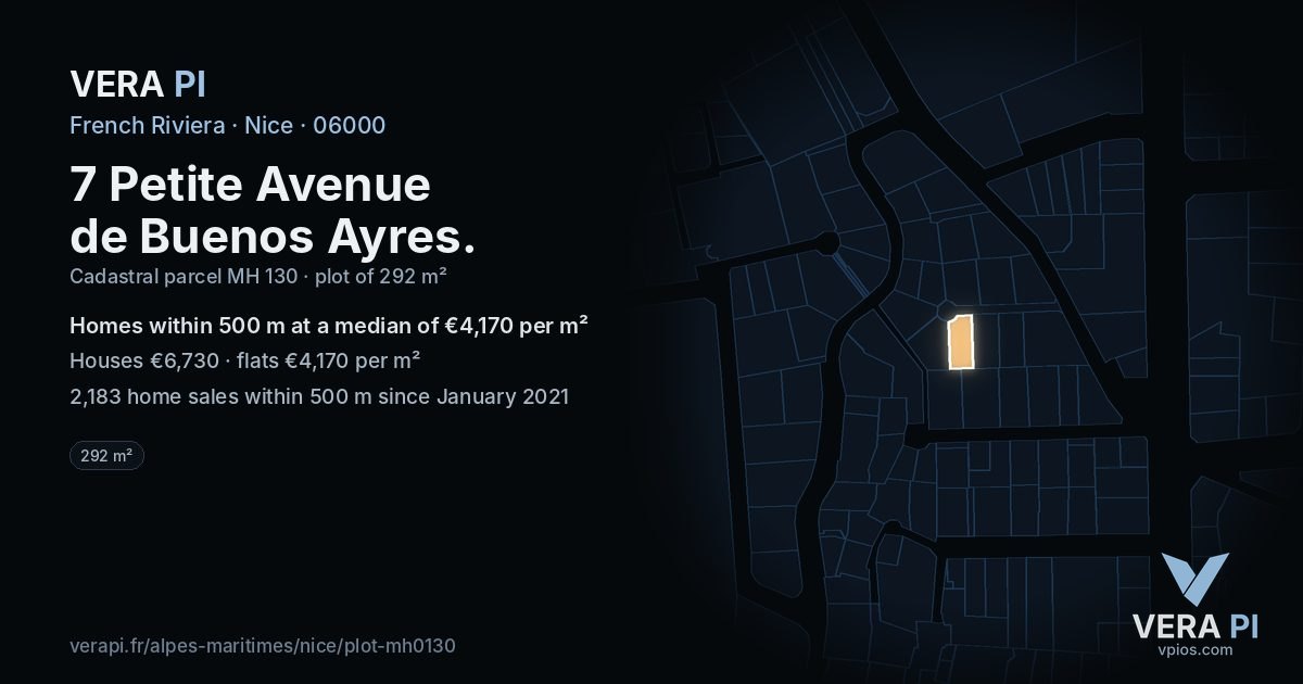 7 Petite Avenue de Buenos Ayres, Nice at night – the plot lit, the parcels around coloured by the prices near them