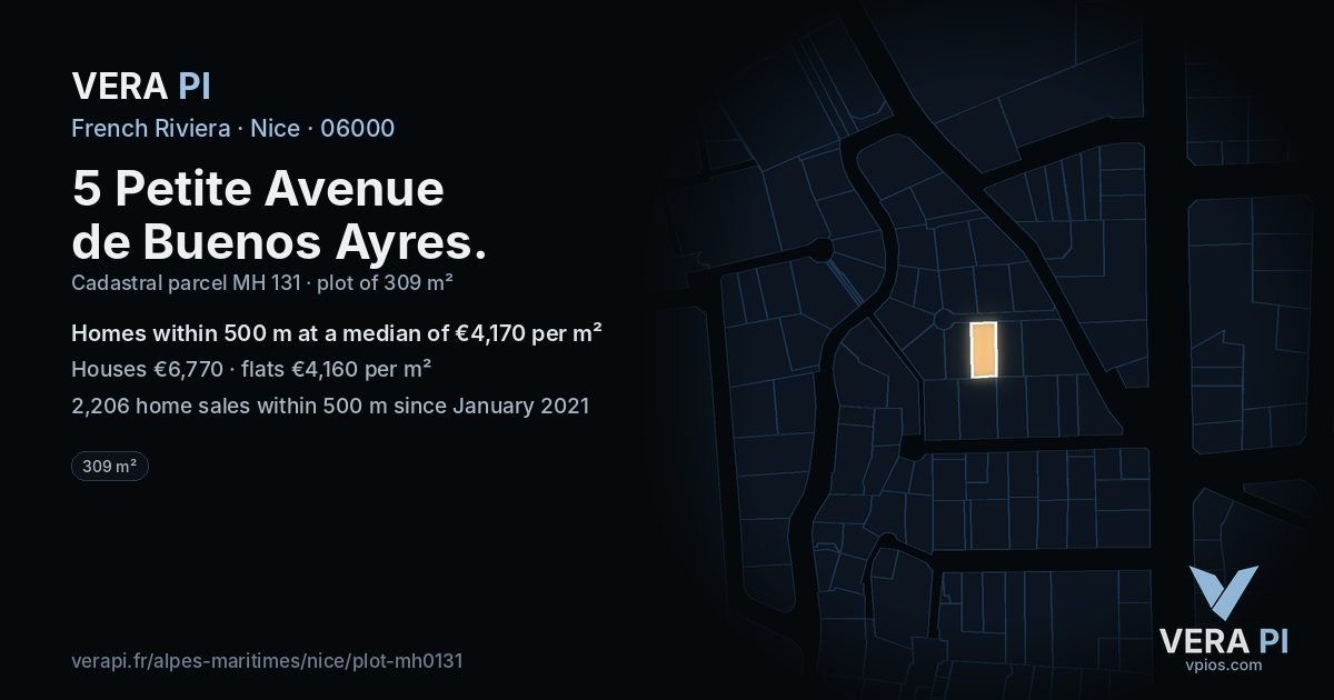 5 Petite Avenue de Buenos Ayres, Nice at night – the plot lit, the parcels around coloured by the prices near them