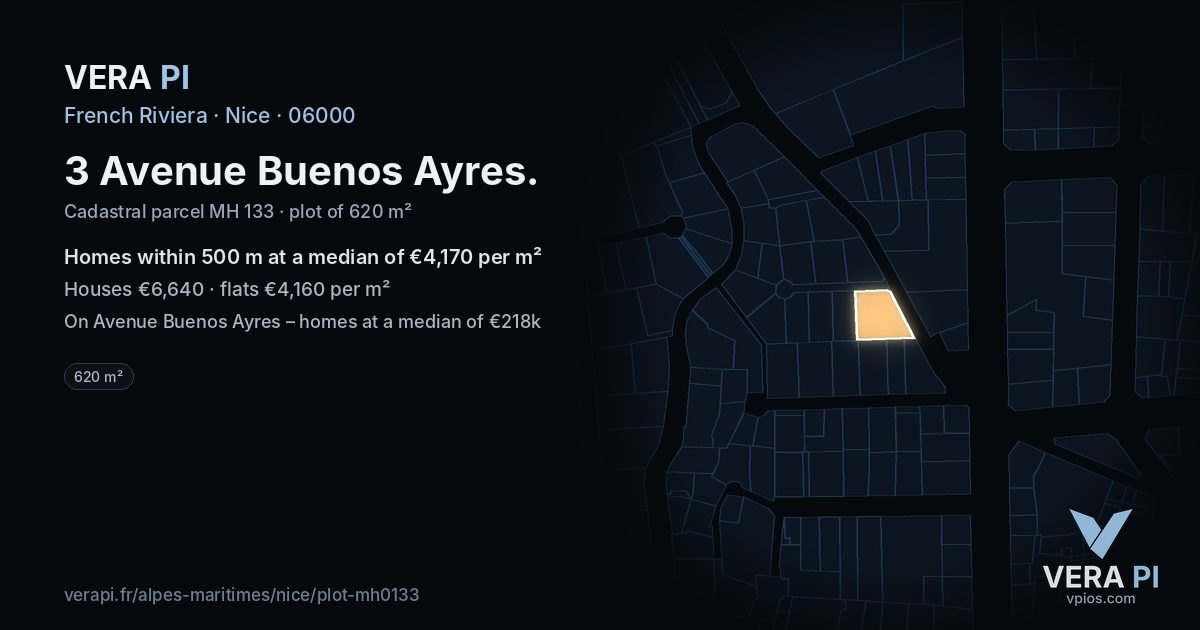 3 Avenue Buenos Ayres, Nice at night – the plot lit, the parcels around coloured by the prices near them