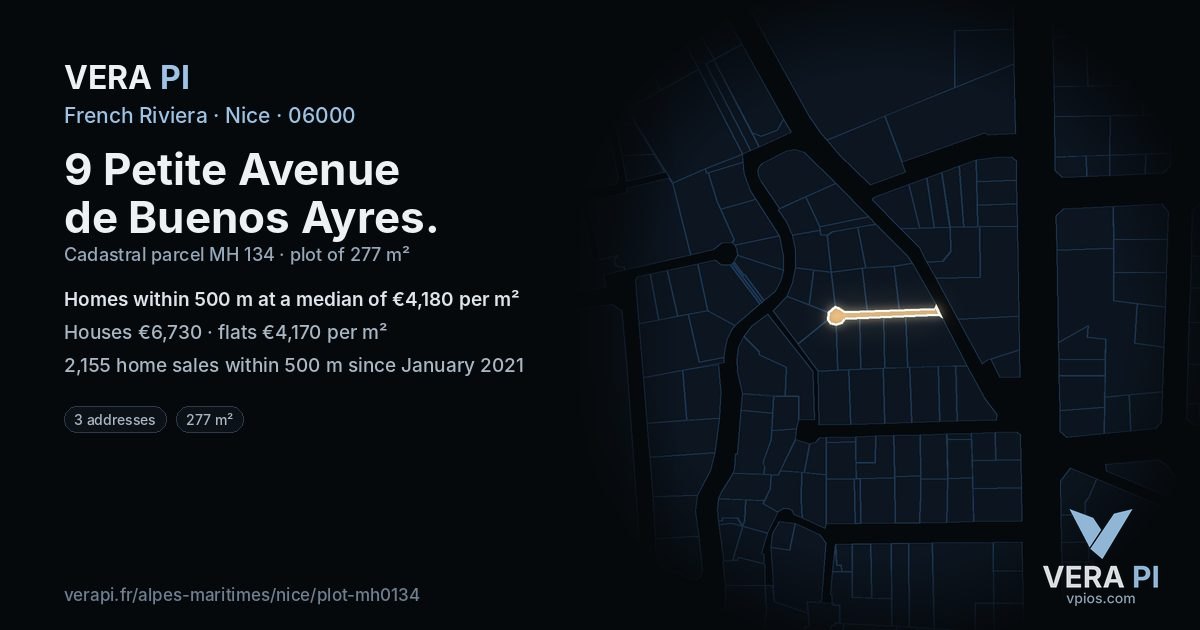9 Petite Avenue de Buenos Ayres, Nice at night – the plot lit, the parcels around coloured by the prices near them