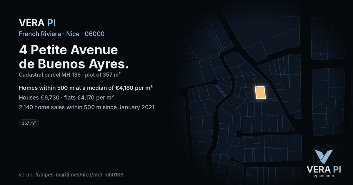 4 Petite Avenue de Buenos Ayres, Nice at night – the plot lit, the parcels around coloured by the prices near them