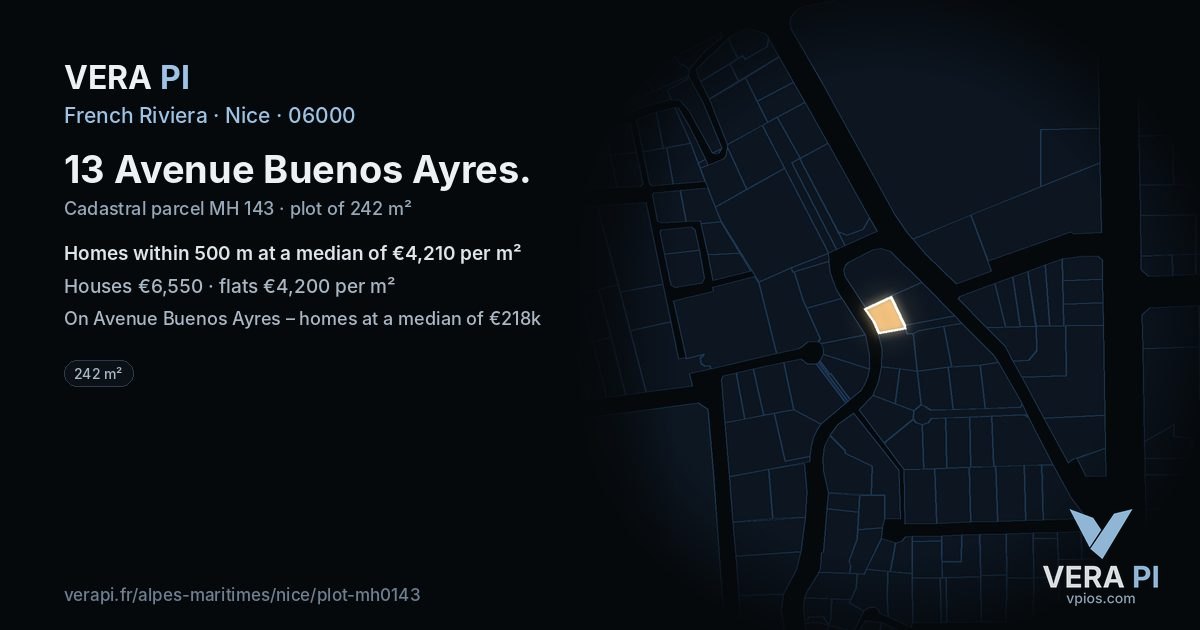 13 Avenue Buenos Ayres, Nice at night – the plot lit, the parcels around coloured by the prices near them
