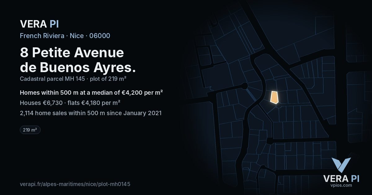 8 Petite Avenue de Buenos Ayres, Nice at night – the plot lit, the parcels around coloured by the prices near them
