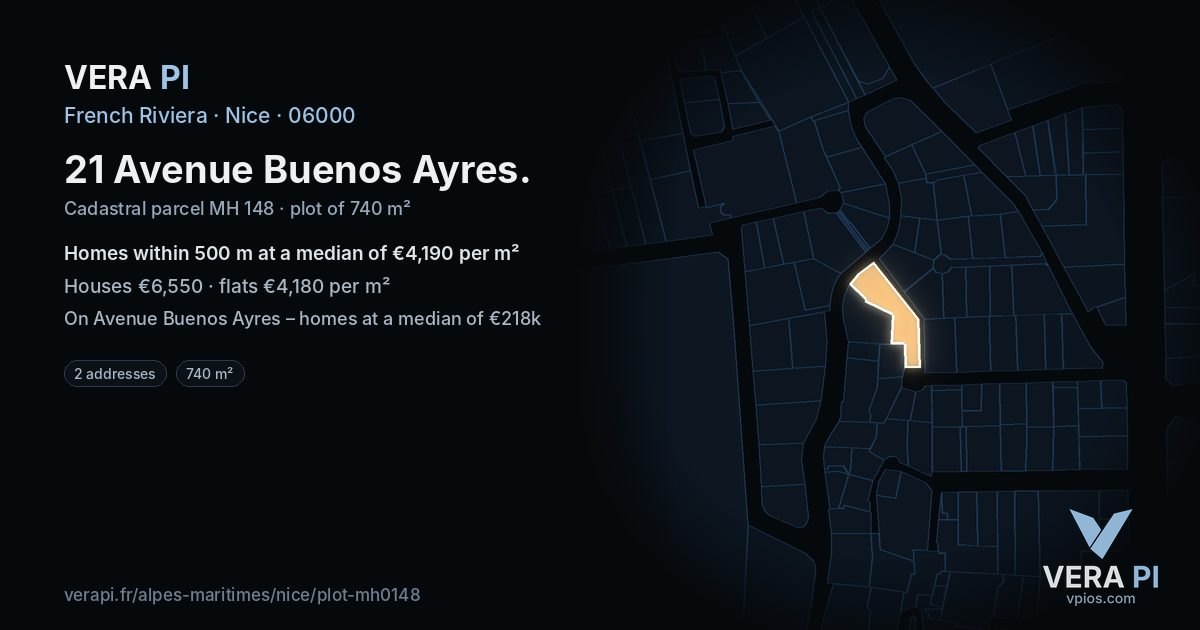 21 Avenue Buenos Ayres, Nice at night – the plot lit, the parcels around coloured by the prices near them