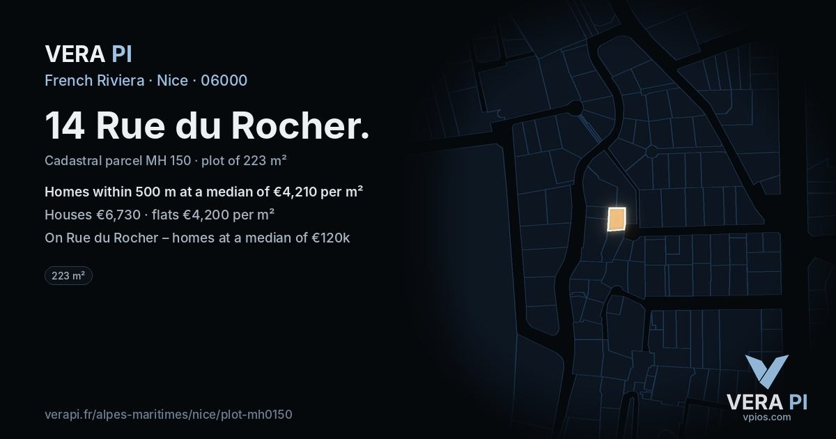 14 Rue du Rocher, Nice at night – the plot lit, the parcels around coloured by the prices near them