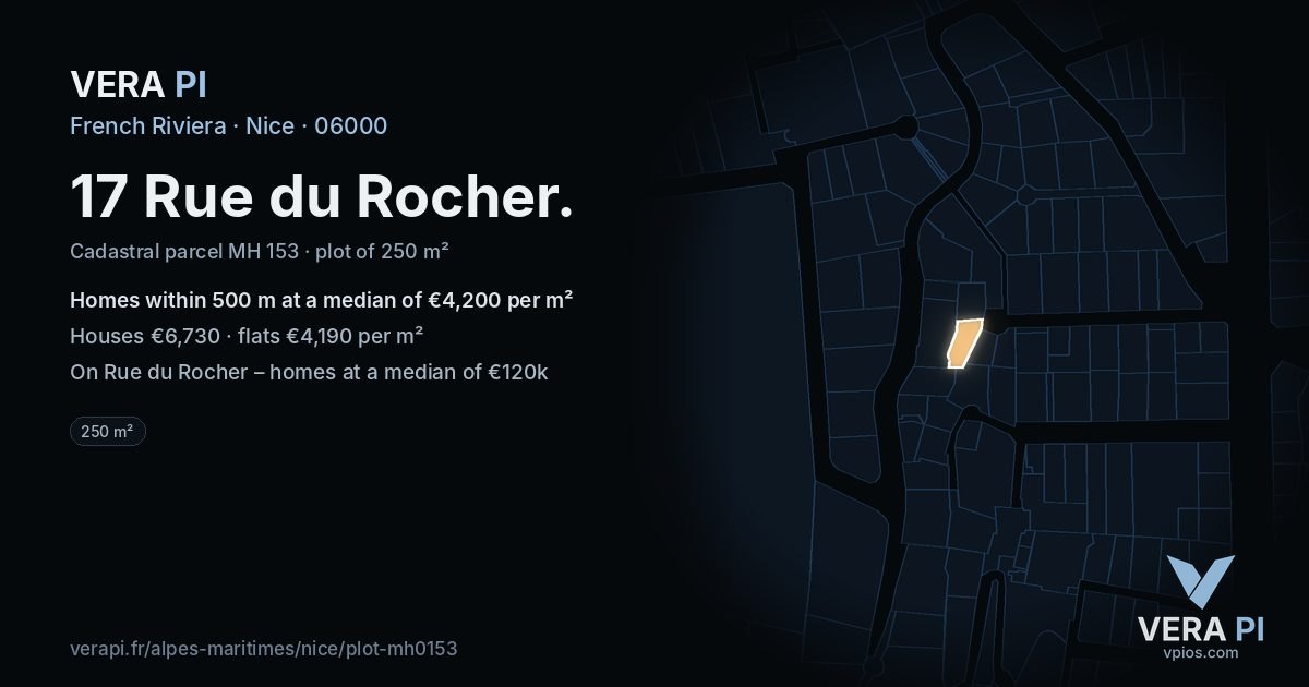 17 Rue du Rocher, Nice at night – the plot lit, the parcels around coloured by the prices near them