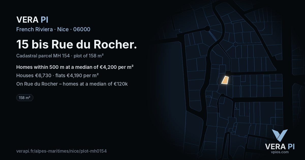 15 bis Rue du Rocher, Nice at night – the plot lit, the parcels around coloured by the prices near them