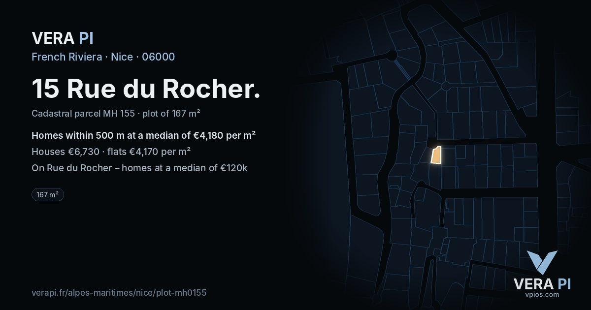 15 Rue du Rocher, Nice at night – the plot lit, the parcels around coloured by the prices near them