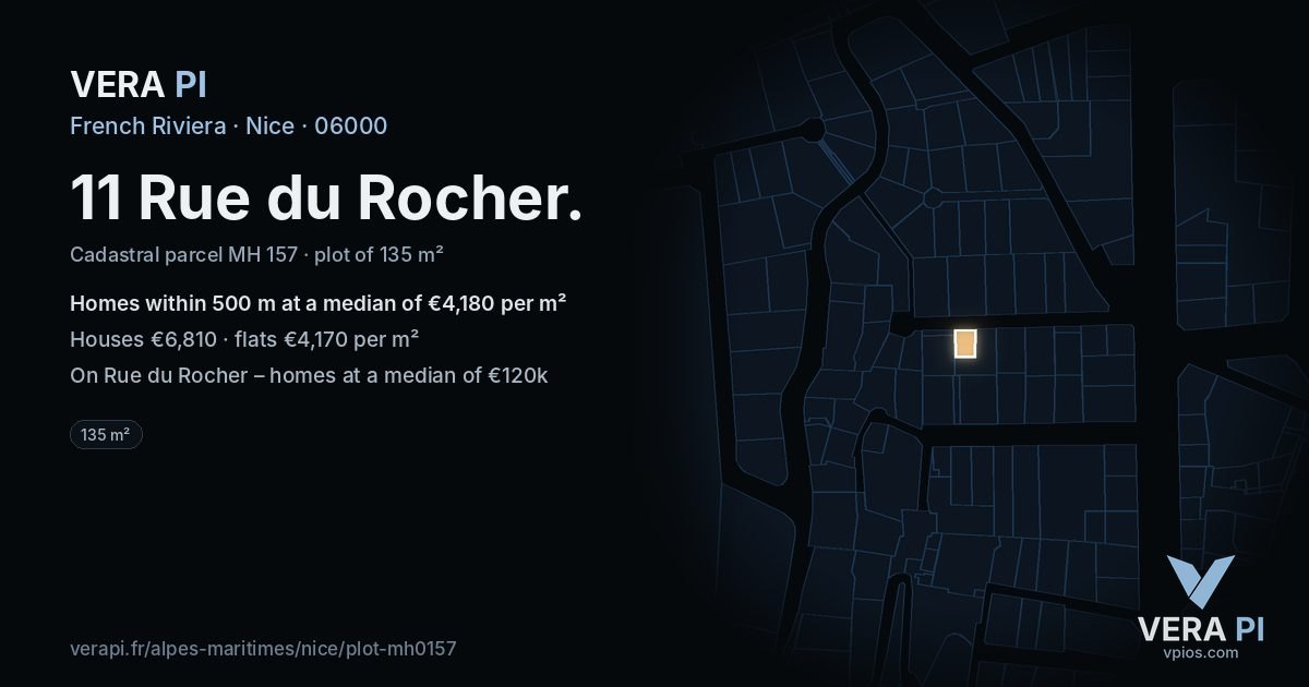 11 Rue du Rocher, Nice at night – the plot lit, the parcels around coloured by the prices near them