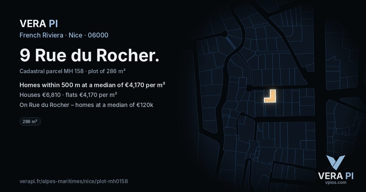 9 Rue du Rocher, Nice at night – the plot lit, the parcels around coloured by the prices near them