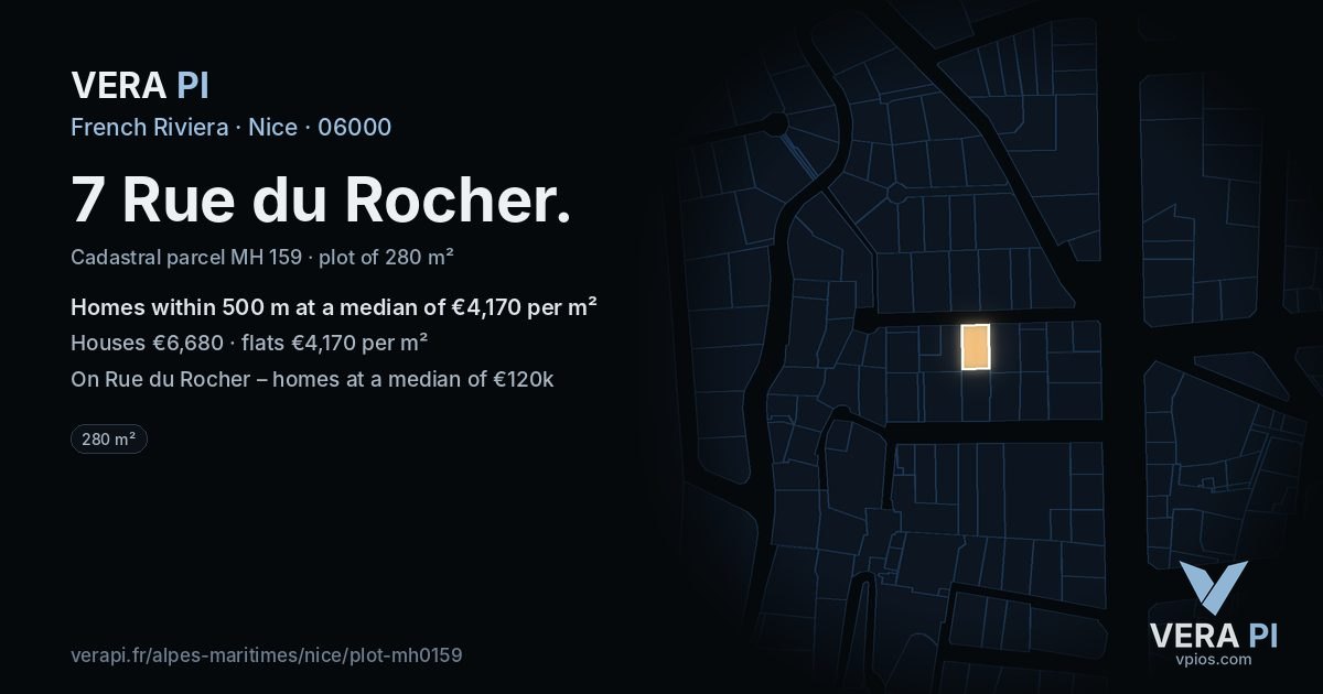 7 Rue du Rocher, Nice at night – the plot lit, the parcels around coloured by the prices near them