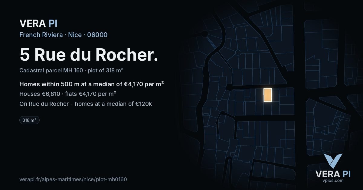 5 Rue du Rocher, Nice at night – the plot lit, the parcels around coloured by the prices near them