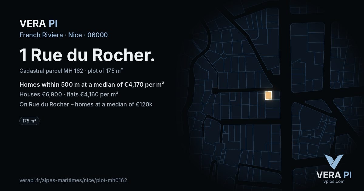 1 Rue du Rocher, Nice at night – the plot lit, the parcels around coloured by the prices near them