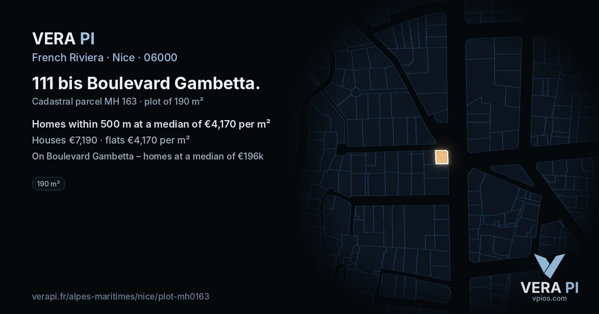 111 bis Boulevard Gambetta, Nice at night – the plot lit, the parcels around coloured by the prices near them