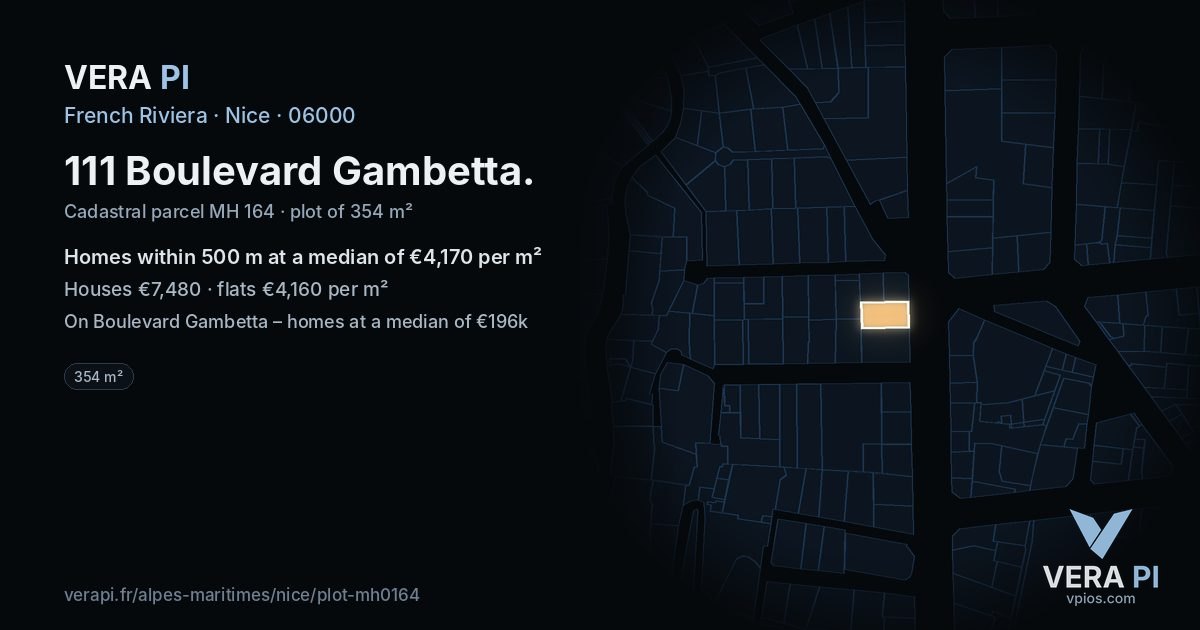 111 Boulevard Gambetta, Nice at night – the plot lit, the parcels around coloured by the prices near them