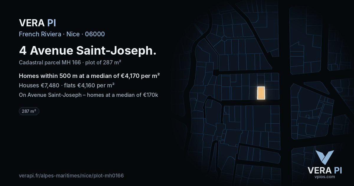 4 Avenue Saint-Joseph, Nice at night – the plot lit, the parcels around coloured by the prices near them
