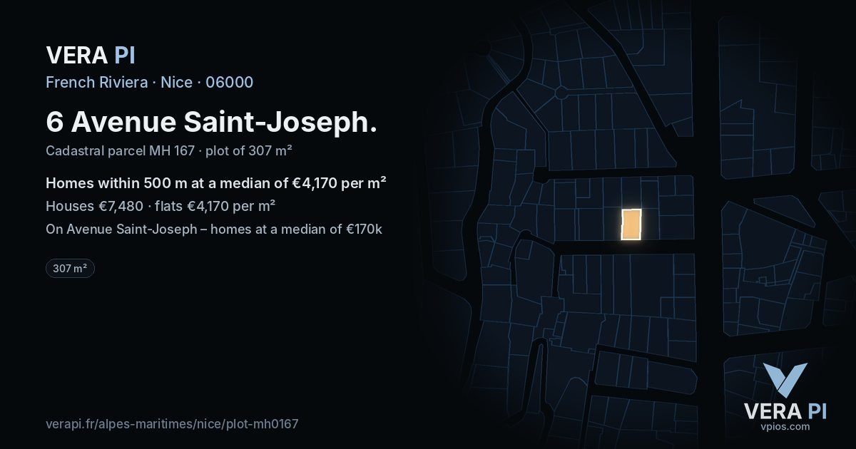 6 Avenue Saint-Joseph, Nice at night – the plot lit, the parcels around coloured by the prices near them