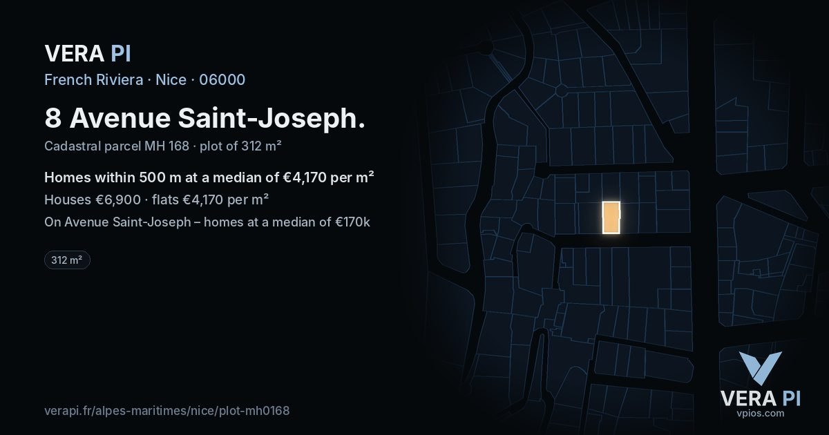 8 Avenue Saint-Joseph, Nice at night – the plot lit, the parcels around coloured by the prices near them