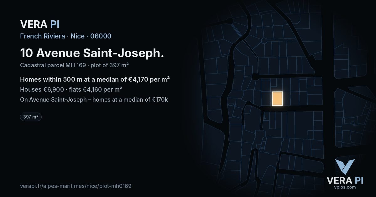 10 Avenue Saint-Joseph, Nice at night – the plot lit, the parcels around coloured by the prices near them