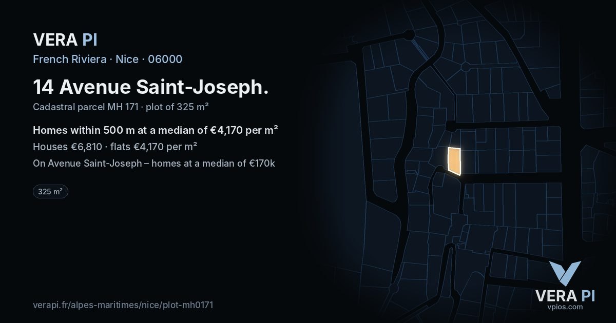 14 Avenue Saint-Joseph, Nice at night – the plot lit, the parcels around coloured by the prices near them