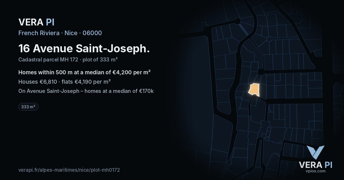 16 Avenue Saint-Joseph, Nice at night – the plot lit, the parcels around coloured by the prices near them