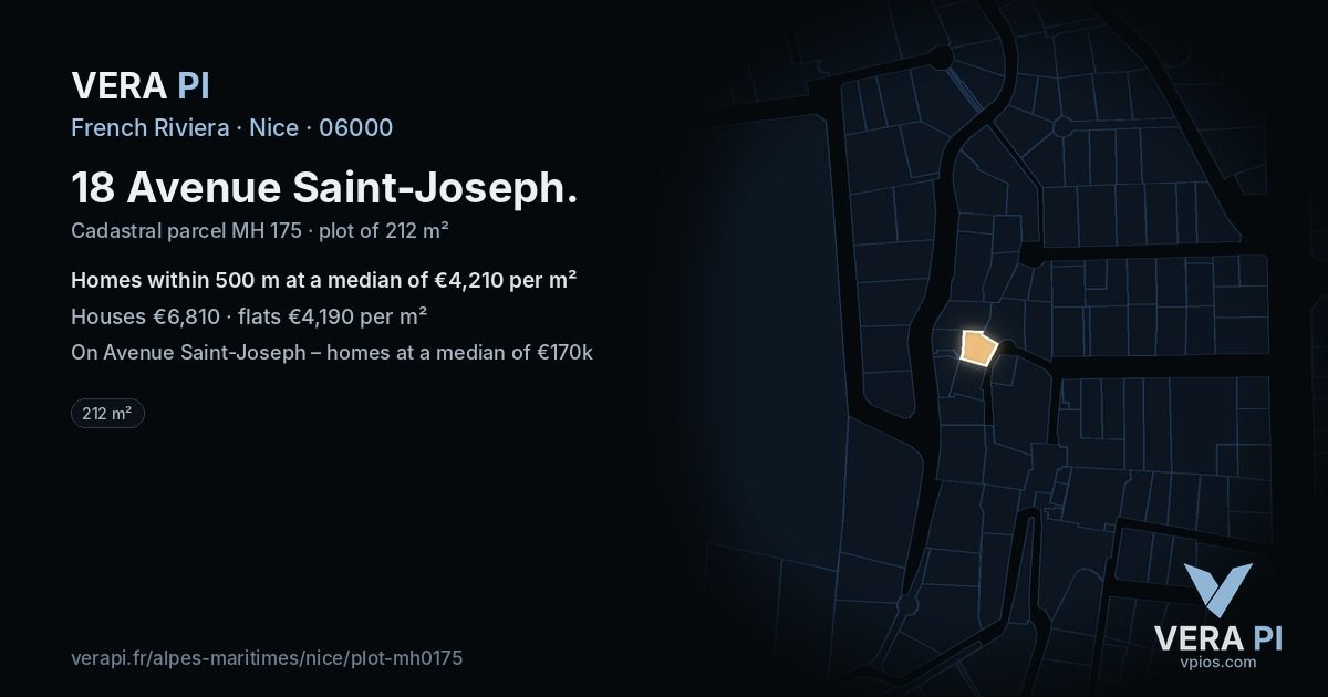 18 Avenue Saint-Joseph, Nice at night – the plot lit, the parcels around coloured by the prices near them